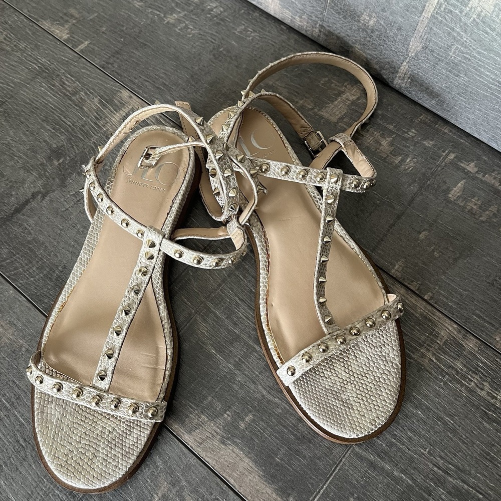 Edgy Studded Gladiator Sandals Snakeskin Gold JLO Jennifer Lopez 6 Boho Chic - Picture 8 of 16